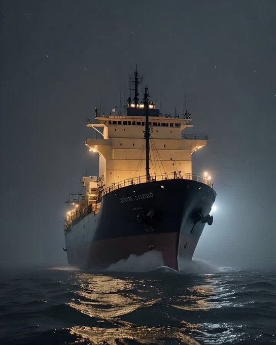 A large cargo ship is shown from the front at night, illuminated by its deck lights as it moves through dark waters.