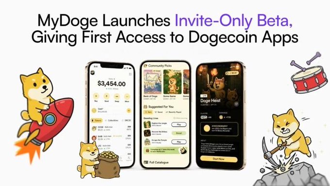 Headline reads 'MyDoge Launches Invite-Only Beta, Giving First Access to Dogecoin Apps,' showing three mobile app screenshots featuring Dogecoin wallet and community features alongside Shiba Inu mascot illustrations.