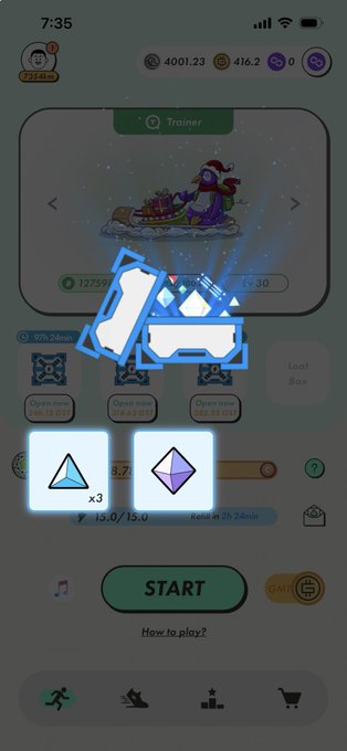 Mobile game screen showing a 'Trainer' mode with a holiday-themed sleigh, reward icons including a triangle (x3) and diamond (x2.8), and a green START button.