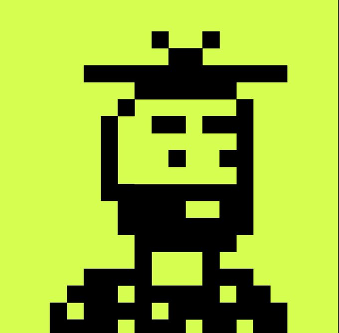 A black pixel art design on a bright yellow-green background depicting a blocky figure with cat-like ears.
