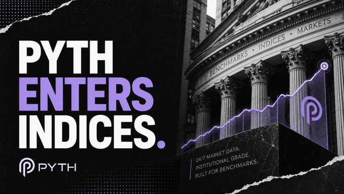 A promotional graphic announcing that PYTH has entered the indices market, featuring an image of a classical building with columns labeled 'BENCHMARKS · INDICES · MARKETS' alongside the Pyth logo.