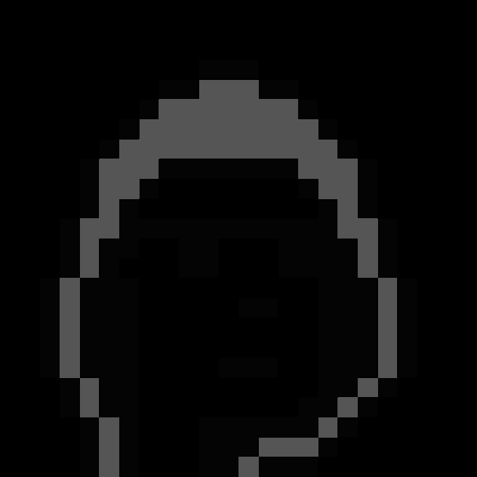 A minimalist pixel art style image showing a dark gray, hooded figure against a solid black background.