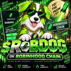 A meme coin promotional image featuring a cartoon dog wearing sunglasses, a gold chain, and a green cap with "$ROBDOG" text, alongside references to "NEXT SLEEPING GIANT," "TO THE MOON," and "$ROBDOG ON ROBINHOOD CHAIN," visually promoting the $ROBDOG token as a potential breakout cryptocurrency by juxtaposing it with $GME stock imagery and highlighting its dog-themed branding.