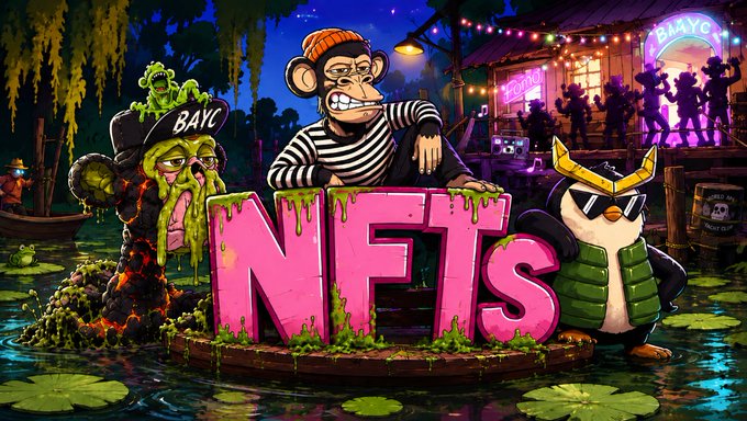 A vibrant, cartoon-style illustration features a Bored Ape, a melting pirate figure with "BAYC" on its hat, and a sunglasses-wearing penguin standing on a swampy raft behind large pink "NFTs" lettering, while silhouettes dance at a neon "BAYC" party in the background—visually capturing the eclectic mix of NFT projects and personalities mentioned in the post.