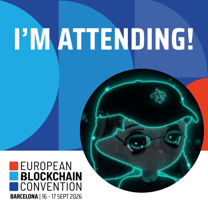 An event announcement graphic reading 'I'M ATTENDING!' for the European Blockchain Convention in Barcelona on 16-17 Sept 2026, featuring an illustrated character in a beret with a neon outline.