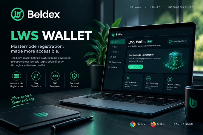 A promotional graphic for 'Beldex LWS Wallet,' a Light Wallet Service for masternode registration, displaying a laptop interface with options like Home, Send, Receive, and Masternodes.