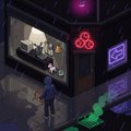 A low-resolution isometric view of a pixelated, cyberpunk-style video game scene featuring a character standing outside a shop with a neon pink clover symbol.