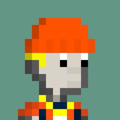 A pixel art portrait of a character with red hair, yellow headphones, and a red outfit against a teal background.