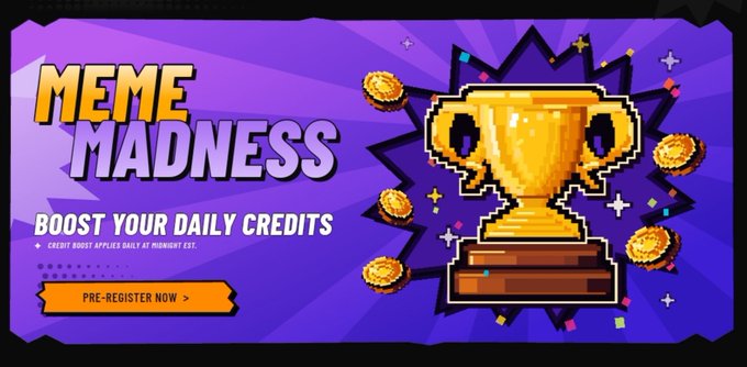 A vibrant pixel-art promotional banner for "Meme Madness" featuring a golden trophy surrounded by coins, with text inviting users to "Boost Your Daily Credits" and "Pre-Register Now," advertising a prediction game where players guess if a token's price goes up or down over short time intervals for a share of $100k in prizes.