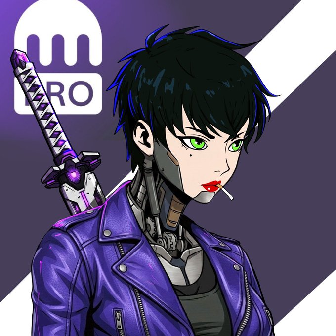 A stylized anime-inspired character with black hair, green eyes, and a purple leather jacket holds a katana, with the "PRO" logo in the background—teasing an NFT mint reveal on OpenSea.