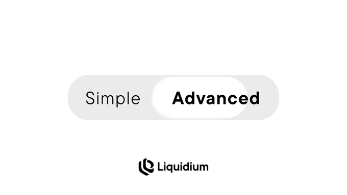 A toggle switch interface showing "Simple" and "Advanced" options with "Advanced" selected, displayed above the Liquidium logo—illustrating Liquidium's new feature to unify Simple and Advanced loans into a single platform.