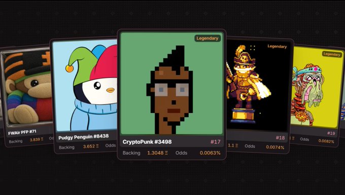 A digital display showcases five NFT cards including 'FWAir PFP #71', 'Pudgy Penguin #8438', 'CryptoPunk #3498' (labeled Legendary), and others, each showing backing amounts and odds percentages.