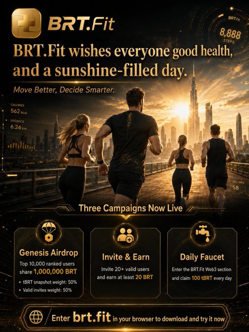 A promotional graphic for BRT.Fit reading "BRT.Fit wishes everyone good health, and a sunshine-filled day," featuring fitness stats and campaigns like "Genesis Airdrop," "Invite & Earn," and "Daily Faucet."