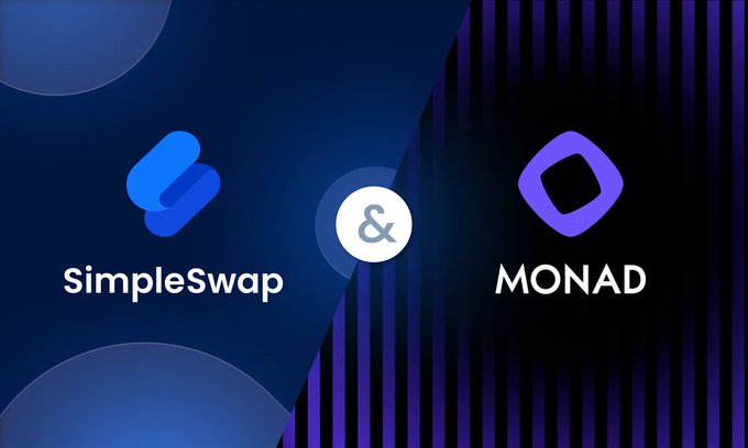 The image features a graphic design that showcases two logos - "SimpleSwap" and "Monad". The logo for "SimpleSwap" has a blue background with white text, while the logo for "Monad" has a purple background with white text. Both logos are positioned on opposite sides of the image, creating a balanced visual effect. The text below the logos reads: "Focus on what is in the image and how it relates to the post".