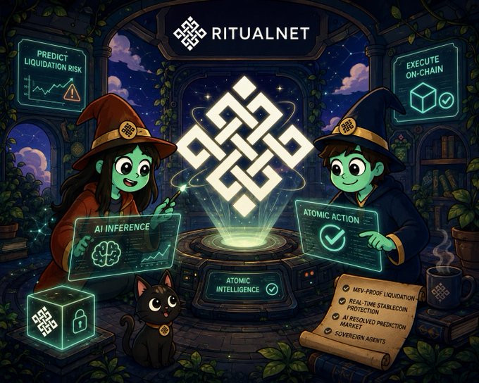 The image features two children dressed as witches with cat ears, holding up signs that say "Atomic Intelligence" and "AI native DeFi". The background of the image shows a castle or building with a cauldron, which could be a representation of AI native DeFi. The text in the image suggests that the focus is on the concept of AI native DeFi and its potential applications in various industries.