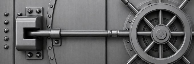 A metallic vault door featuring a large combination lock wheel and a sturdy locking bar mechanism.