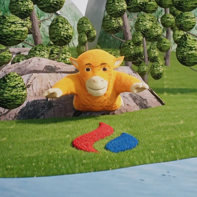 A yellow monkey-like creature peeks out from behind a rock in a vibrant, cartoon-style landscape with green trees and a red and blue grass patch.