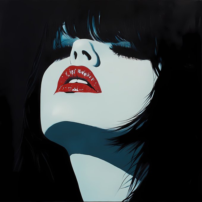 A stylized digital artwork showing a close-up of a woman's face tilted back with her eyes closed, featuring striking red lipstick against dark hair and shadow.