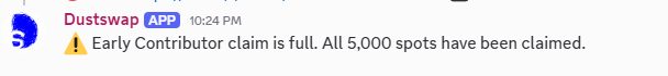 A message from someone named @DustswapOnBase, which reads, "Gn everyone distribution of 𝗘𝗮𝗿𝗹𝘆 𝗖𝗼𝗻𝘁𝗿𝗶𝗯𝘂𝘁𝗼𝗿 role in @Discord.gg/discord.gg" and an attached image of a computer screen displaying the text "The 500k spots have been claimed."