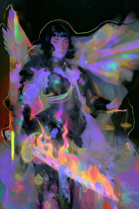 A vibrant, psychedelic digital illustration of a winged figure with dark hair, holding a scale and surrounded by flames in swirling pastel colors.