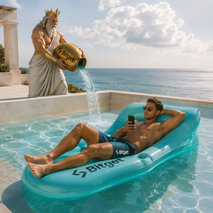 A muscular man wearing "Bitget" branded swim trunks relaxes on a Bitget-branded pool float, while a statue of Poseidon (rather than Odysseus) pours water from a golden urn labeled "Bitget" into the infinity pool overlooking the sea—humorously playing on the post's reference to Odysseus's 10 years at sea by exaggerating the crypto exchange's "deep liquidity" to mythic, sea-god proportions.