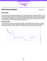 An XRP Technical Outlook document dated October 14th, featuring a chart showing a significant price decline with daily thoughts about XRP's market performance and institutional adoption.