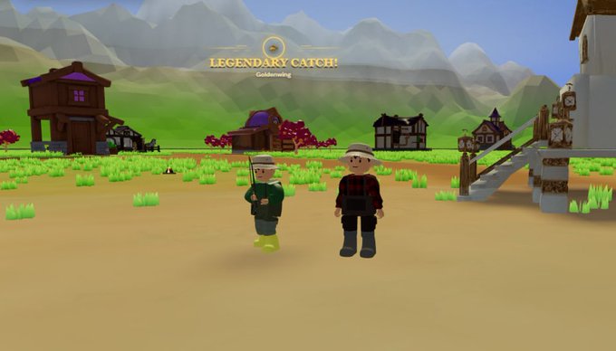 A video game screenshot shows two characters standing in a grassy field with houses and mountains in the background; text at the top reads "LEGENDARY CATCH!" and "Goldmoring".