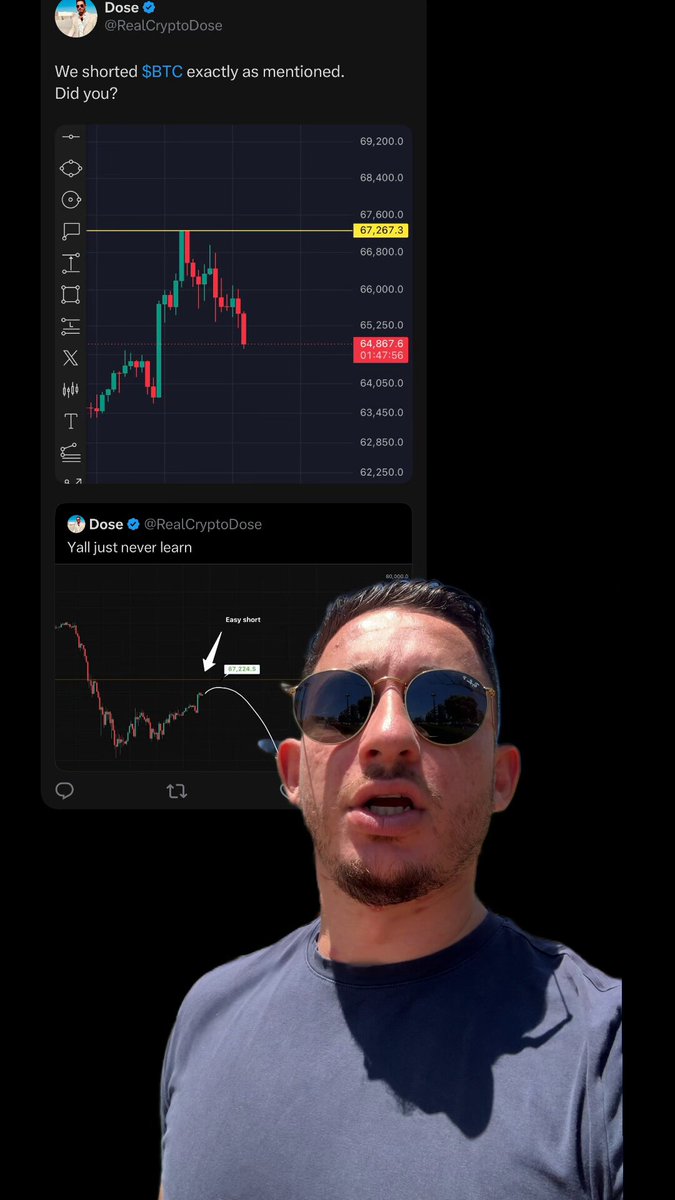 The image features a man wearing sunglasses, standing against a black background with a computer screen behind him displaying a graph of Bitcoin prices over time. The caption for the image reads "$BTC short is cooking. We’re already up 40% on our short. And yes you bought the top". This suggests that the man has been monitoring the Bitcoin market and made a successful investment in the cryptocurrency, as evidenced by the upward trend shown in the graph.