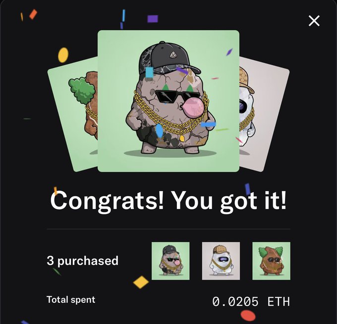 A celebratory NFT purchase screen displays "Congrats! You got it!" after acquiring 3 items from @rockbottomnfts for a total of 0.0205 ETH, featuring a cartoon rock character wearing sunglasses and a baseball cap, along with two other rock collectibles. The image visually represents the commenter hitting "rock bottom" in a literal sense by collecting rock-themed NFTs from the account mentioned in the post.
