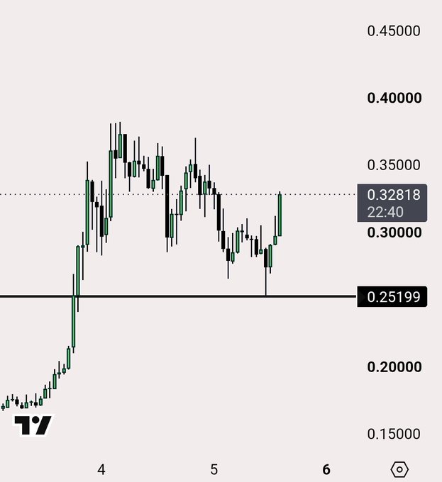 A cryptocurrency candlestick chart shows a sharp rally from around $0.18 to a current price of $0.32818 at 22:40, with a horizontal support line marked at $0.25199, illustrating a strong price reaction off the key support level referenced in the "$ANSEM" trading post.
