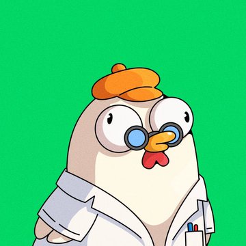 A cartoon chicken wearing glasses, an orange beret, and a white lab coat holding a pencil stands against a green background. The quirky image likely symbolizes the playful, experimental nature of minting unique NFT projects from various artists listed in the post.