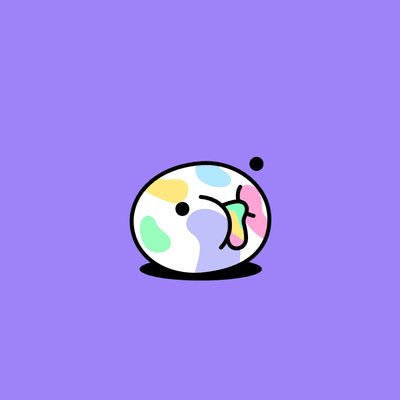 A cartoon illustration on a purple background depicting a round, multicolored globe-like creature with a melting rainbow blob, small eyes, and a black shadow beneath it.