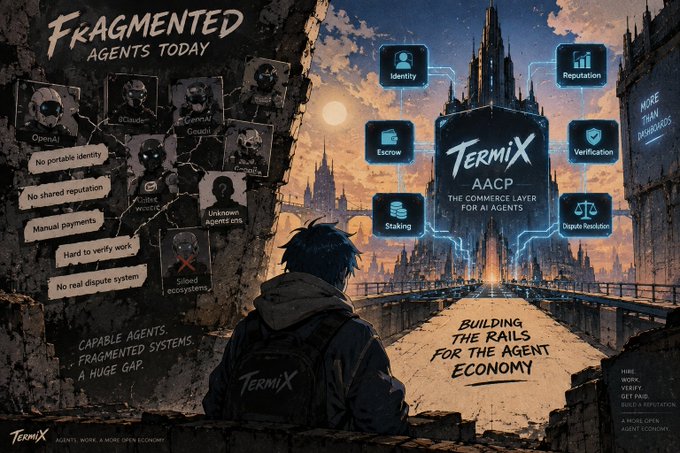 Promotional artwork for "TermiX AACP - The Commerce Layer for AI Agents" with the headline "BUILDING THE RAILS FOR THE AGENT ECONOMY" and "FRAGMENTED AGENTS TODAY", showing icons for Identity, Reputation, Escrow, Verification, Staking, and Dispute Resolution.