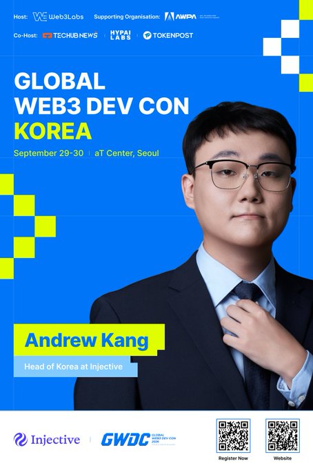 A promotional poster for "GLOBAL WEB3 DEV CON KOREA" featuring Andrew Kang, Head of Korea at Injective, scheduled for September 29-30 at Center, Seoul.