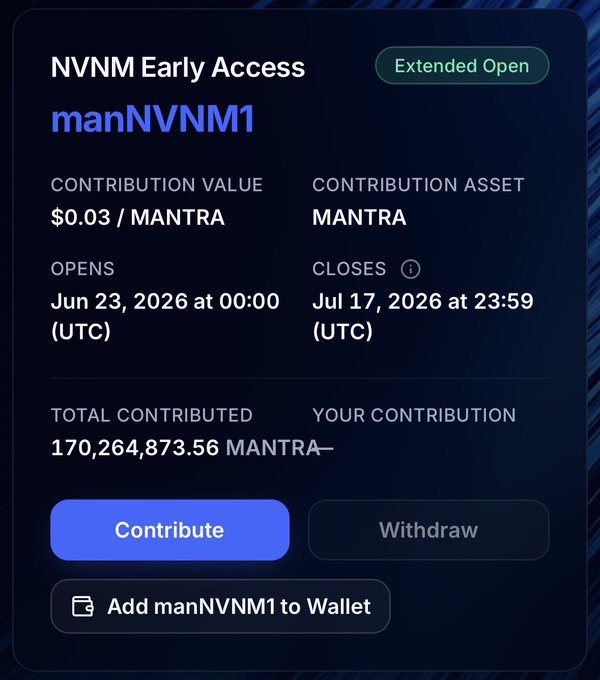 A cryptocurrency contribution interface for 'NVNM Early Access' of the asset 'manNVNM1' (MANTRA), showing a contribution value of $0.03/MANTRA, a timeline from Jun 23 to Jul 17, 2026, and a total contributed of 170,264,873.56 MANTRA.