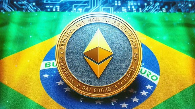 A physical Ethereum coin rests atop the Brazilian flag with its iconic yellow diamond and green field, symbolizing the country's integration of the Ethereum blockchain into traditional banking, as major institutions like Itaú now offer up to 15 cryptocurrencies to their clients.