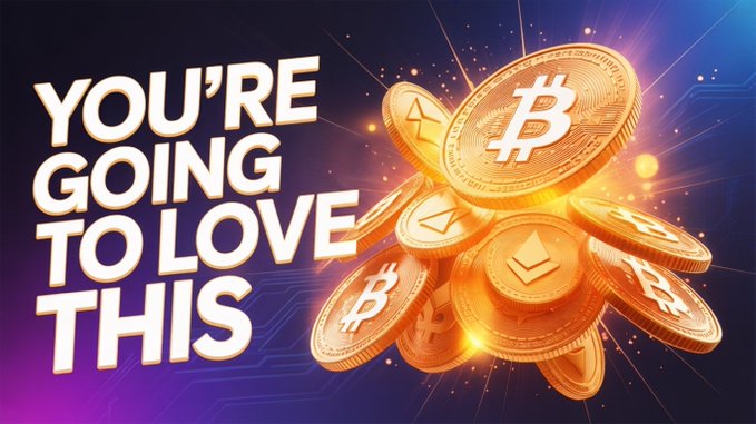 A promotional graphic with the text 'YOU'RE GOING TO LOVE THIS' alongside images of gold Bitcoin and Ethereum coins.