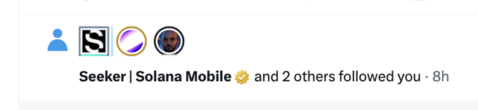 A LinkedIn notification showing that "Seeker | Solana Mobile ✔" along with two other accounts followed the user 8 hours ago, which the user excitedly references in their post about starting their morning perfectly with the follow.