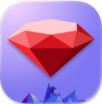 An app icon featuring a stylized red ruby or diamond gem over purple and blue crystalline shapes.