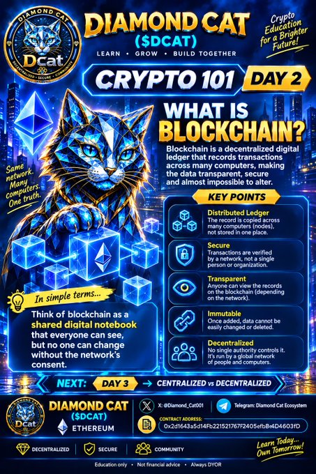 An educational infographic titled 'DIAMOND CAT (SDCAT) CRYPTO 101 DAY 2' explains 'What is Blockchain?' with a stylized blue cat, key points like Distributed Ledger, Secure, Transparent, Immutable, and Decentralized, and contract address 0x2d1643a5c14Fb2215217672405efb84D4603FD.