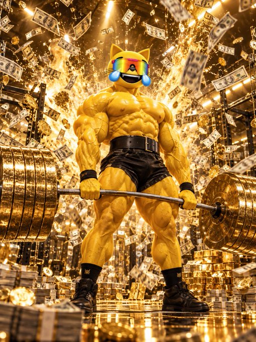 A muscular humanoid figure painted gold with a cartoon cat emoji face wearing sunglasses lifts a massive barbell surrounded by falling money and gold coins.