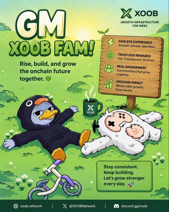 The image features a poster for a company named "XooB Network". The poster has a cartoon penguin sitting on the grass, holding a cup of coffee, with text that reads "Good Morning Everyone! Fueled by coffee and web3 innovation with @XOOBNetwork and @useTria.". The poster also includes a small image of a bicycle in front of the penguin.