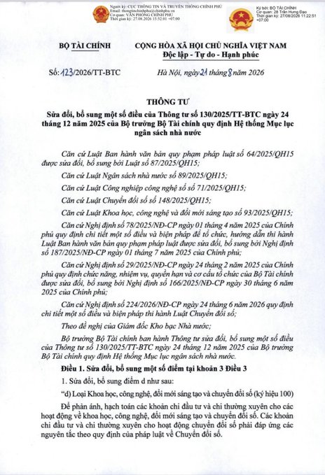 A Vietnamese government document titled 'THÔNG TƯ' from Bộ Tài chính (Ministry of Finance), numbered 123/2026/TT-BTC, dated 21/8/2026, addressing amendments to regulations on the State Treasury system and national budget management.