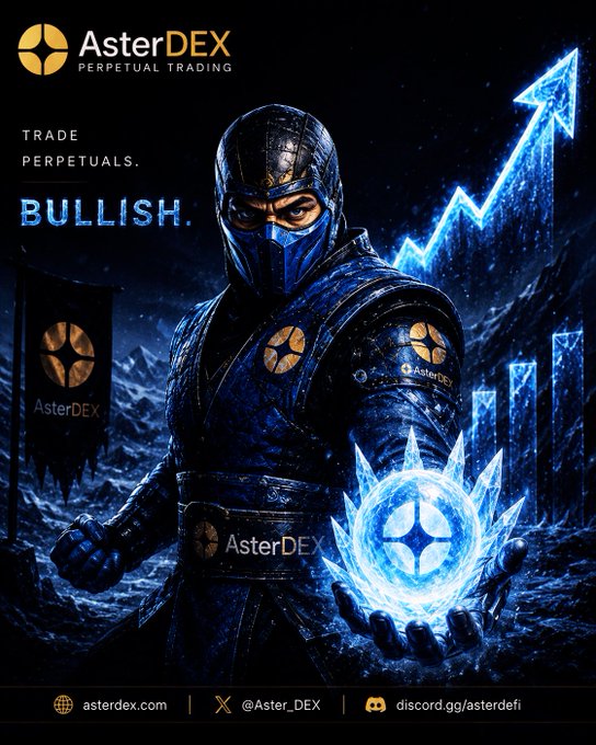 AsterDEX promotional poster featuring a masked ninja-like warrior holding a glowing blue AsterDEX logo, with the text 'TRADE PERPETUALS. BULLISH.' and an upward arrow, plus links to asterdex.com, @Aster_DEX, and discord.gg/asterdefi.