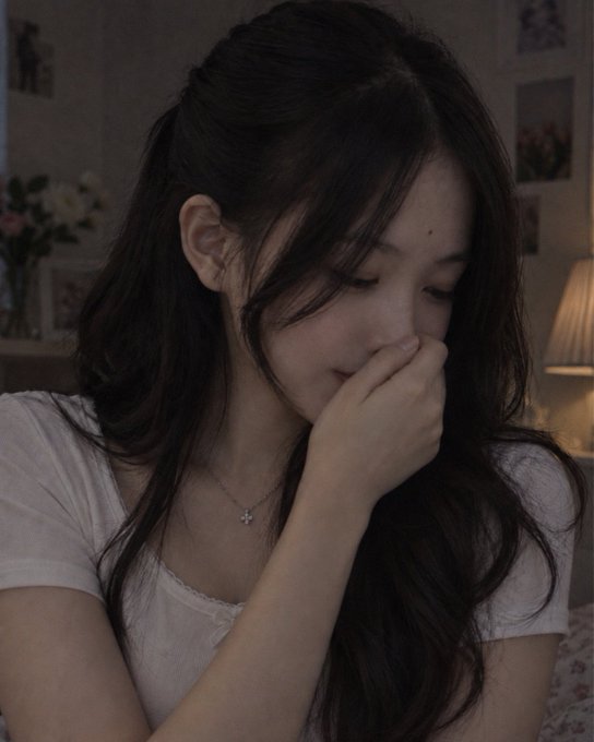 A young woman with long dark hair smiles gently while looking down, wearing a light pink top and a delicate cross necklace.