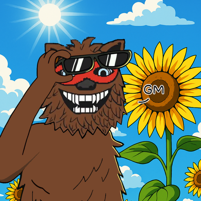 A cartoon illustration of a brown wolf wearing sunglasses next to a sunflower with 'GM' written on its face, set against a bright blue sky with the sun shining.