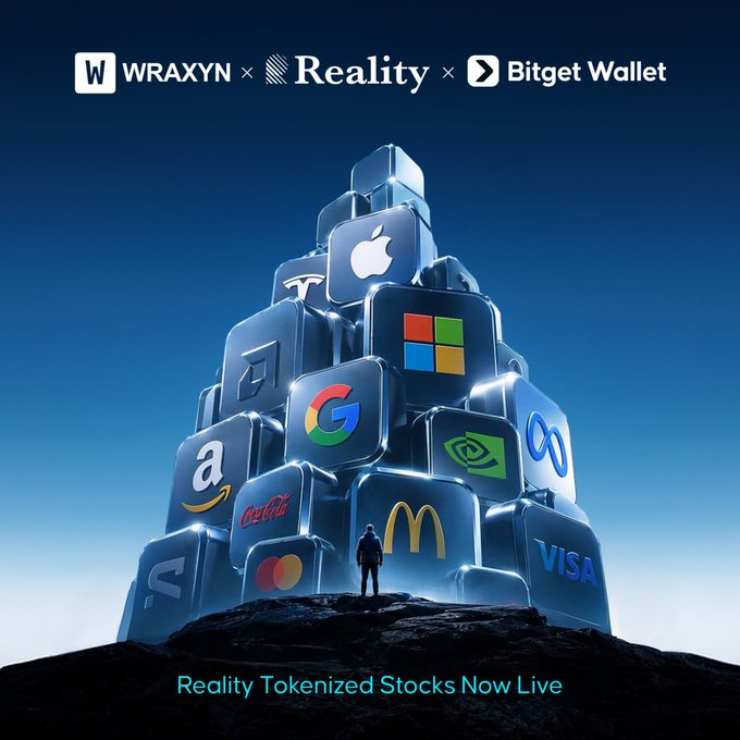 A promotional graphic displays a large pile of glowing blue cubes featuring logos of major corporations like Apple, Google, Microsoft, Coca-Cola, McDonald's, Visa, and Mastercard. A small silhouette of a man stands at the base, with text reading 'WRAXYN x Reality x Bitget Wallet' at the top and 'Reality Tokenized Stocks Now Live' at the bottom.