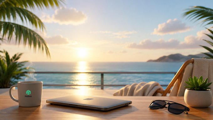 A serene tropical workspace scene showing a wooden table with a coffee mug labeled 'Neiblox', a closed laptop, sunglasses, and a small potted plant, with a sunset over the ocean in the background.