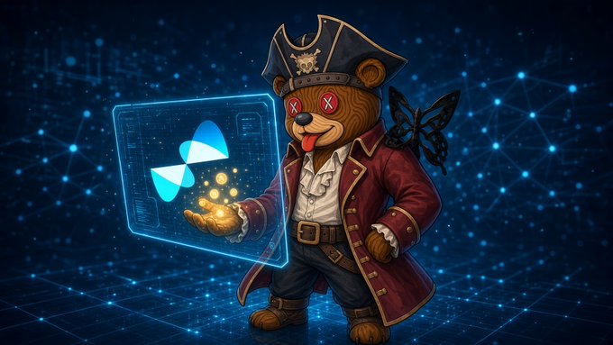 Digital artwork of a cartoonish pirate teddy bear with Xs for eyes, wearing a tricorn hat and red coat, holding glowing gold coins in front of a holographic Sui logo.