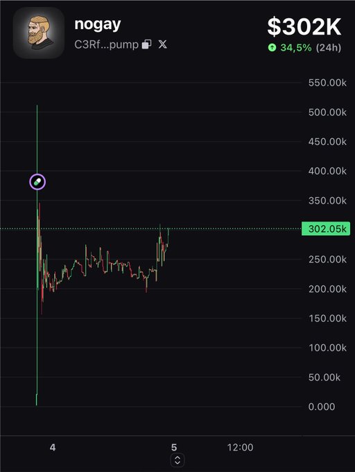 A crypto price chart for the token 'nogay' (C3Rf...pump) showing a price of $302K with a 34.5% gain over 24 hours, displayed on a green and red candlestick chart.